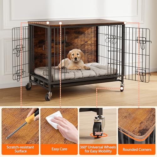 Brown Black Metal Dog Crate with Shelves W34545