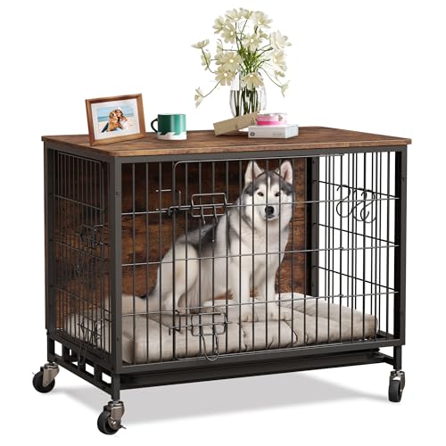 Brown Black Metal Dog Crate with Shelves W34545