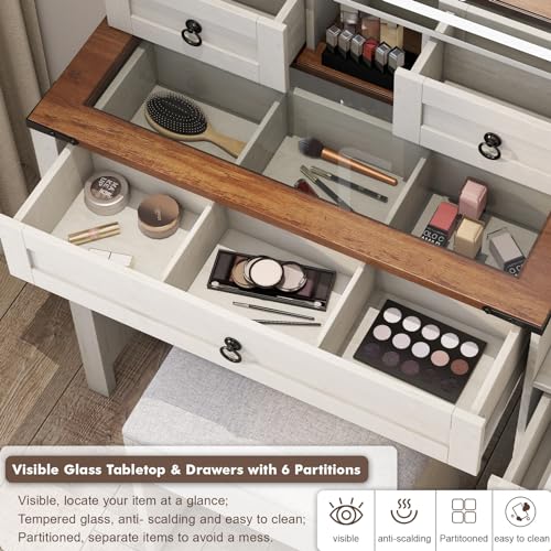 White 42" Glass Tabletop Vanity Desk with Mirror and Lights, 4 Drawers B73755