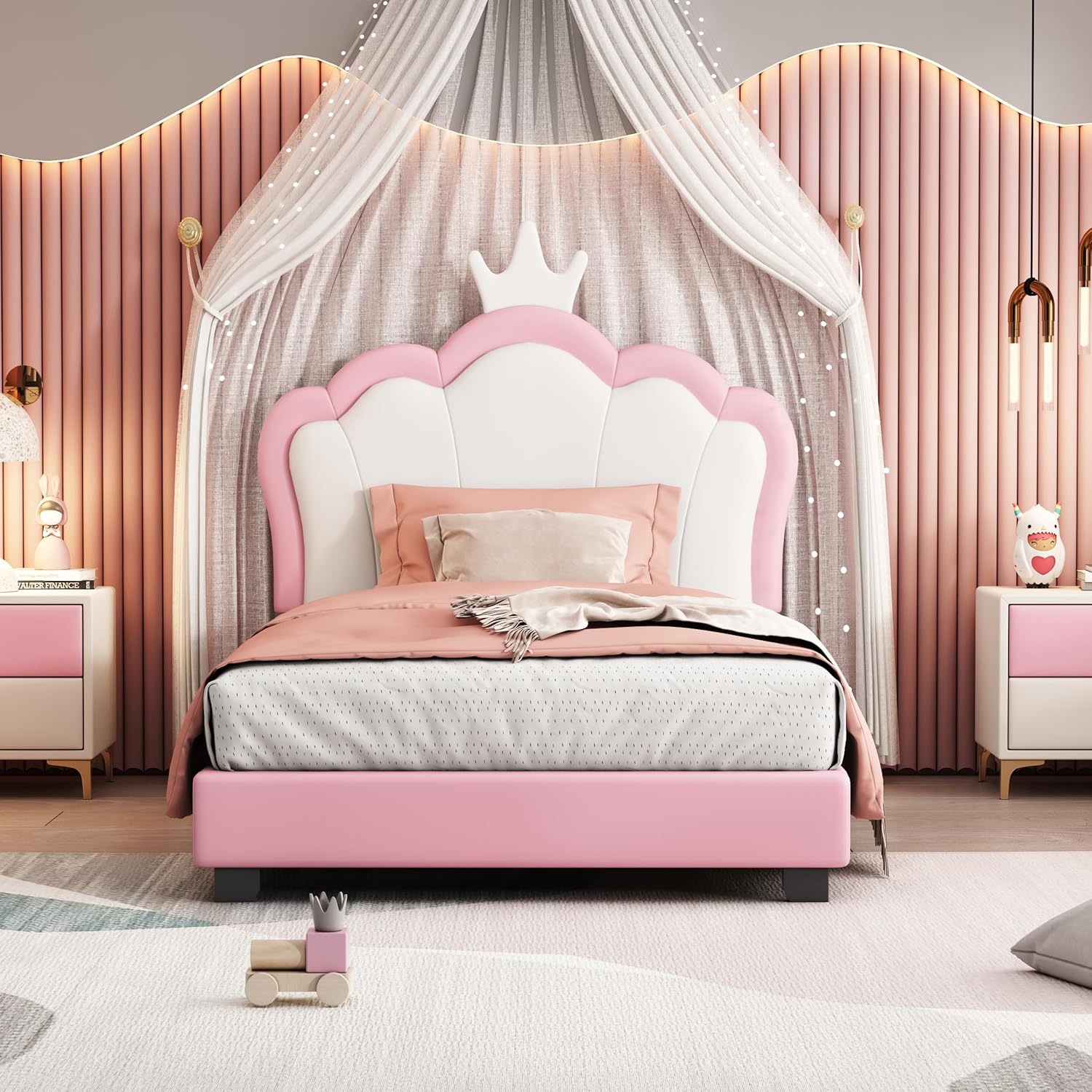 Pink Twin Size PU Upholstered Princess Bed Frame with Crown Headboard G84329
