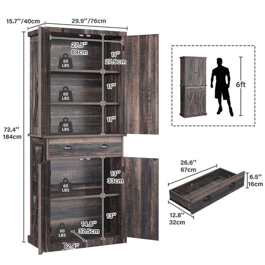 Rustic Oak 6-Tier Kitchen Pantry Storage Cabinet with 4 Doors T535147