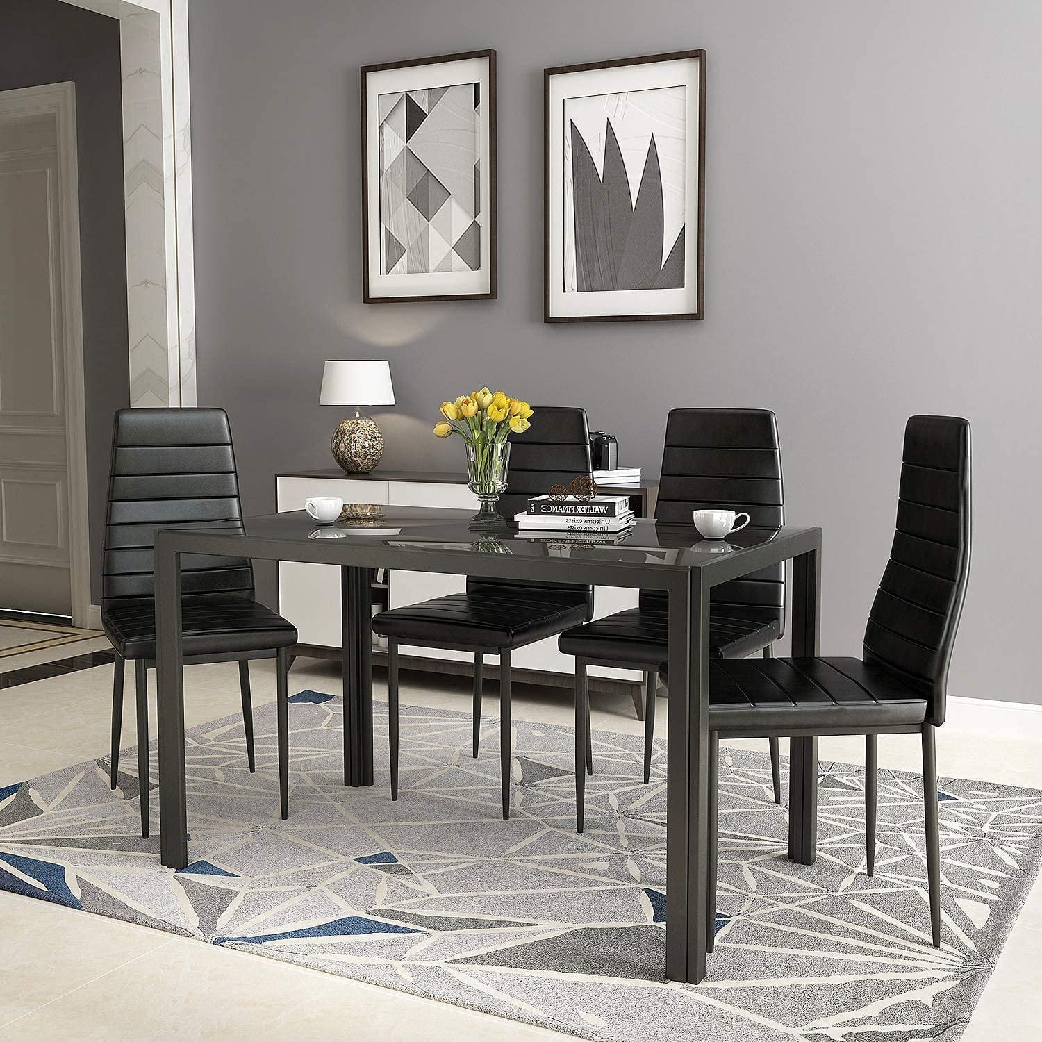 Glass Dining Table and 4 PU Leather Chair F170