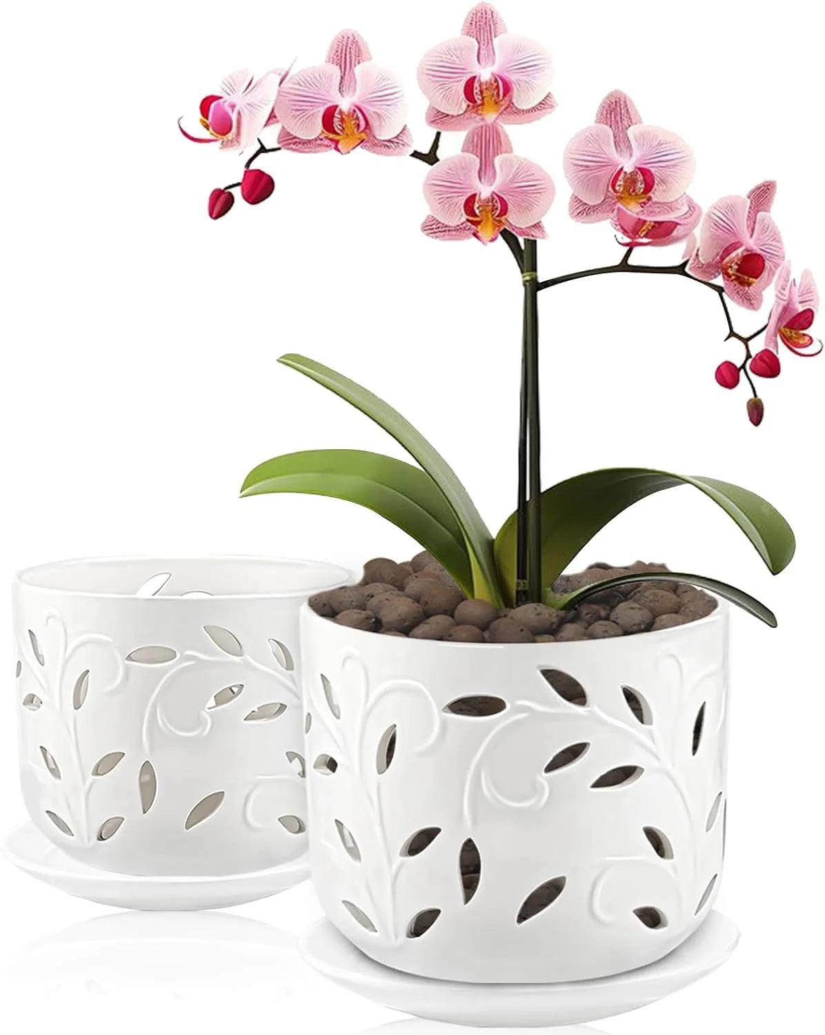 Set of 2 Ceramic Orchid Pots with Saucers, 5 inch & 6 inch D2701