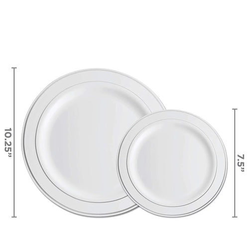 100 Piece White Silver Rim Plastic Party Plates I4411