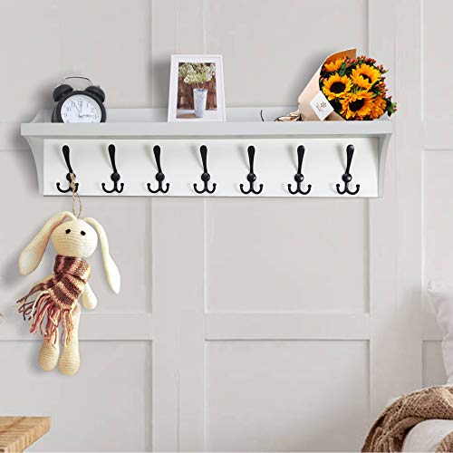 White 24” Solid Pine Wood Wall Shelf with 5 Hooks Q55203
