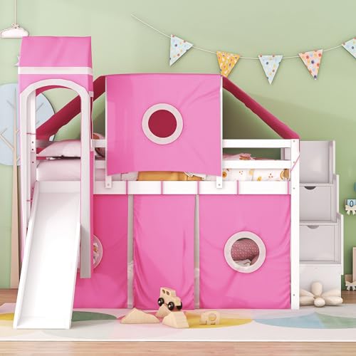 Full Loft Bed with Slide, Storage Stairs, and Tent, Dark Blue T6822