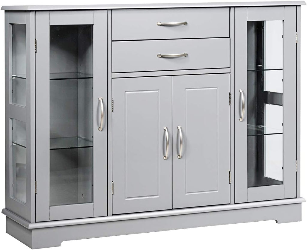 White Sideboard Buffet Server Storage Cabinet with 2 Drawers, 3 Cabinets and Glass Doors K83325