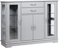 White Sideboard Buffet Server Storage Cabinet with 2 Drawers, 3 Cabinets and Glass Doors K83325