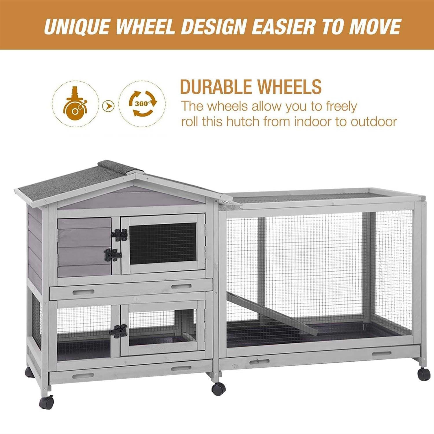 Bunny Cage Rabbit Hutch with Casters Waterproof Roof Pull Out Tray F561633