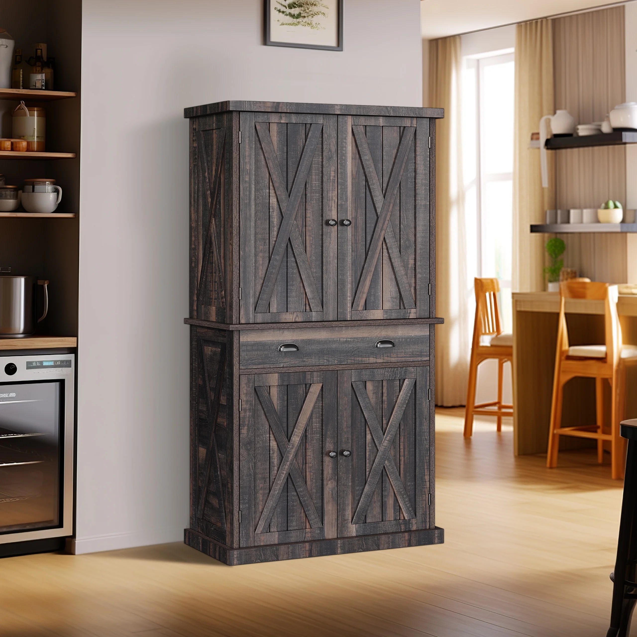 Rustic Oak 6-Tier Kitchen Pantry Storage Cabinet with 4 Doors T535147
