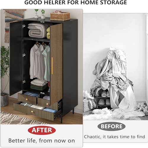 White 64.96" Wooden Armoire Wardrobe with 2 Doors, Hanging Rod, Shelf, 3 Drawers M69198