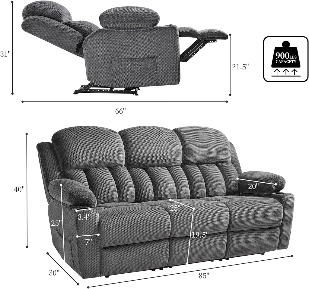 Grey 3 Seater Recliner Sofa with Cup Holders S939