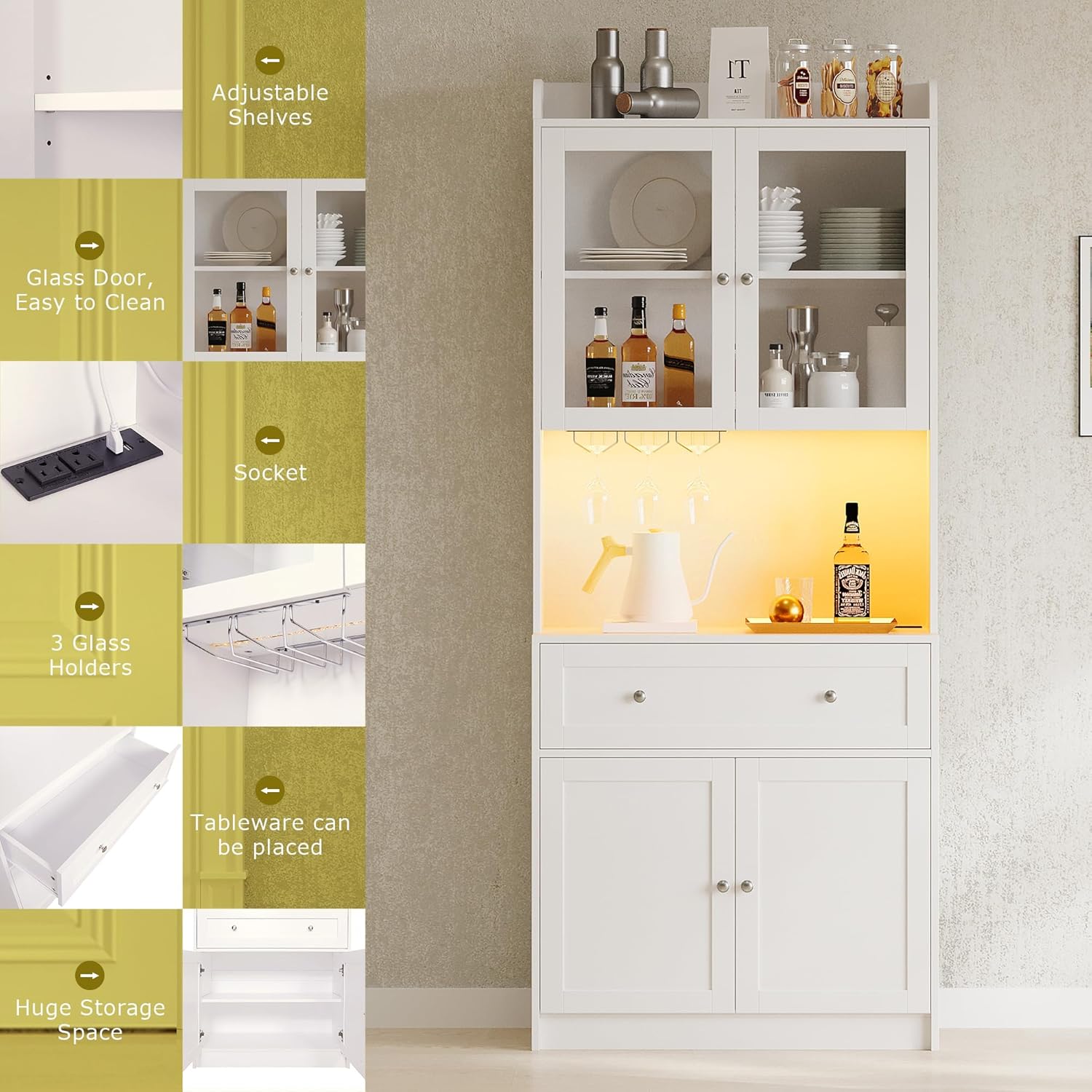 75.2" Wood Pantry Cabinet with LED Lights D944