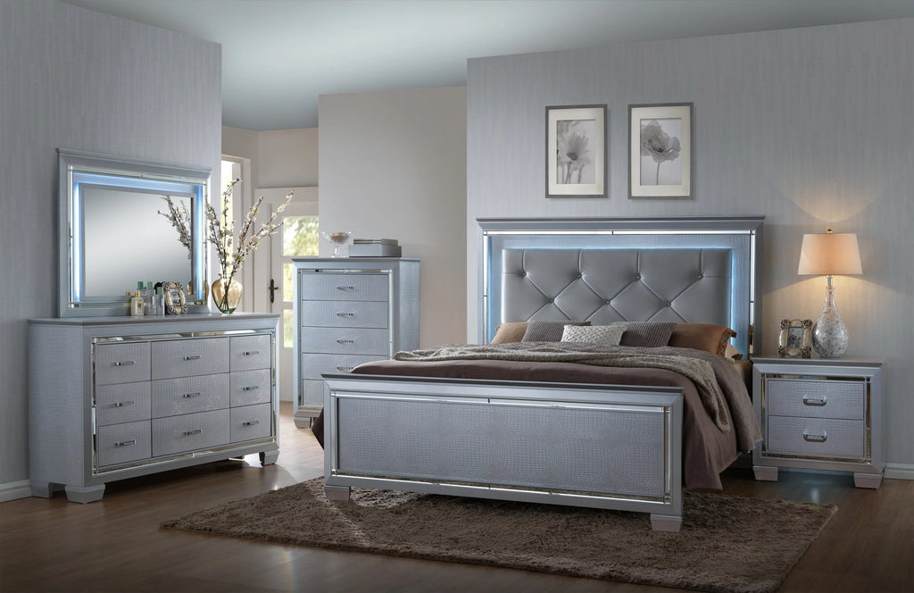 Queen Size LED Backlit Upholstered Bed Dresser Mirror Nightstand Chest Wooden Furniture Set R15312