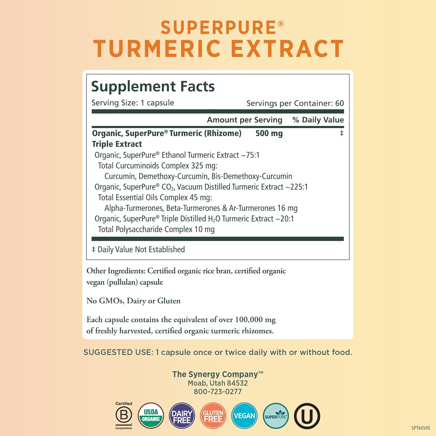 Organic Turmeric Curcumin Supplement 500 mg Capsules (60 Capsules) W888