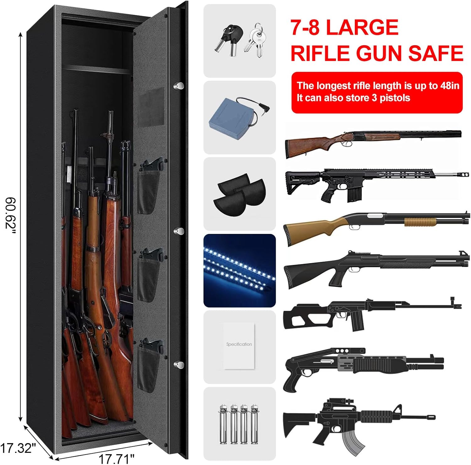 Large Long Gun Safe with Biometric Lock, Fireproof, Removable Gun Rack M207366