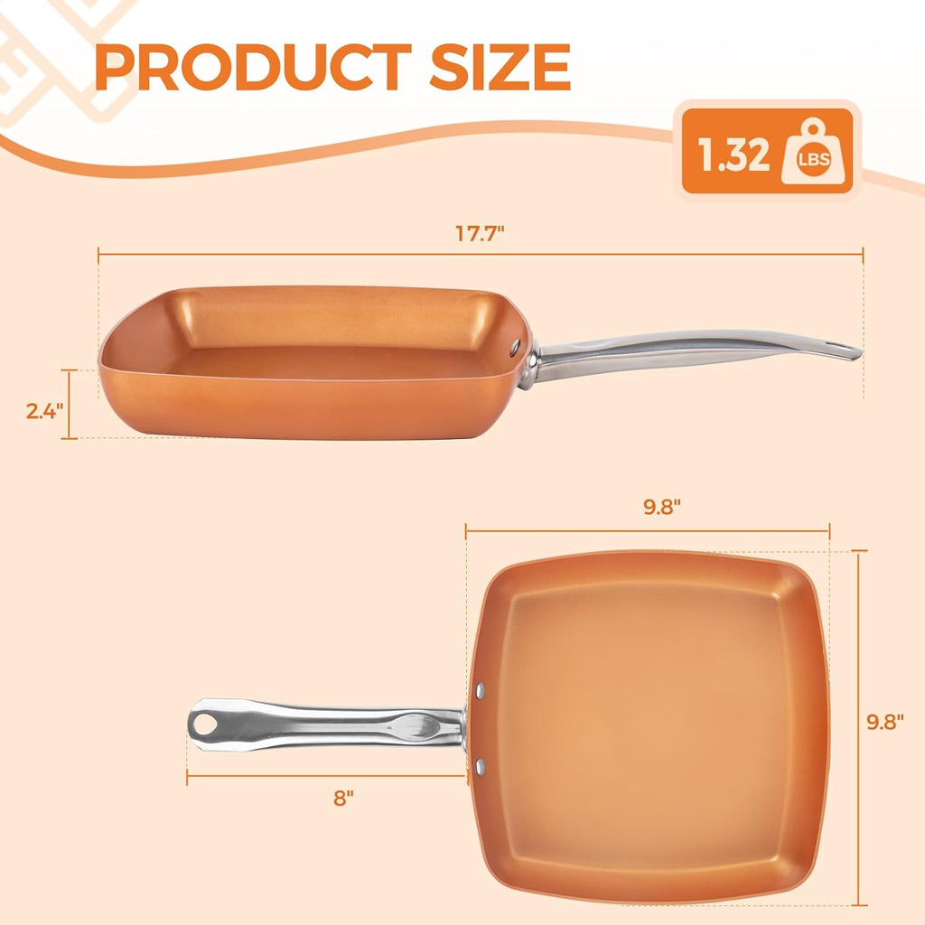 9.5" Non-Stick Copper Square Frying Pan with Ceramic Coating H2442