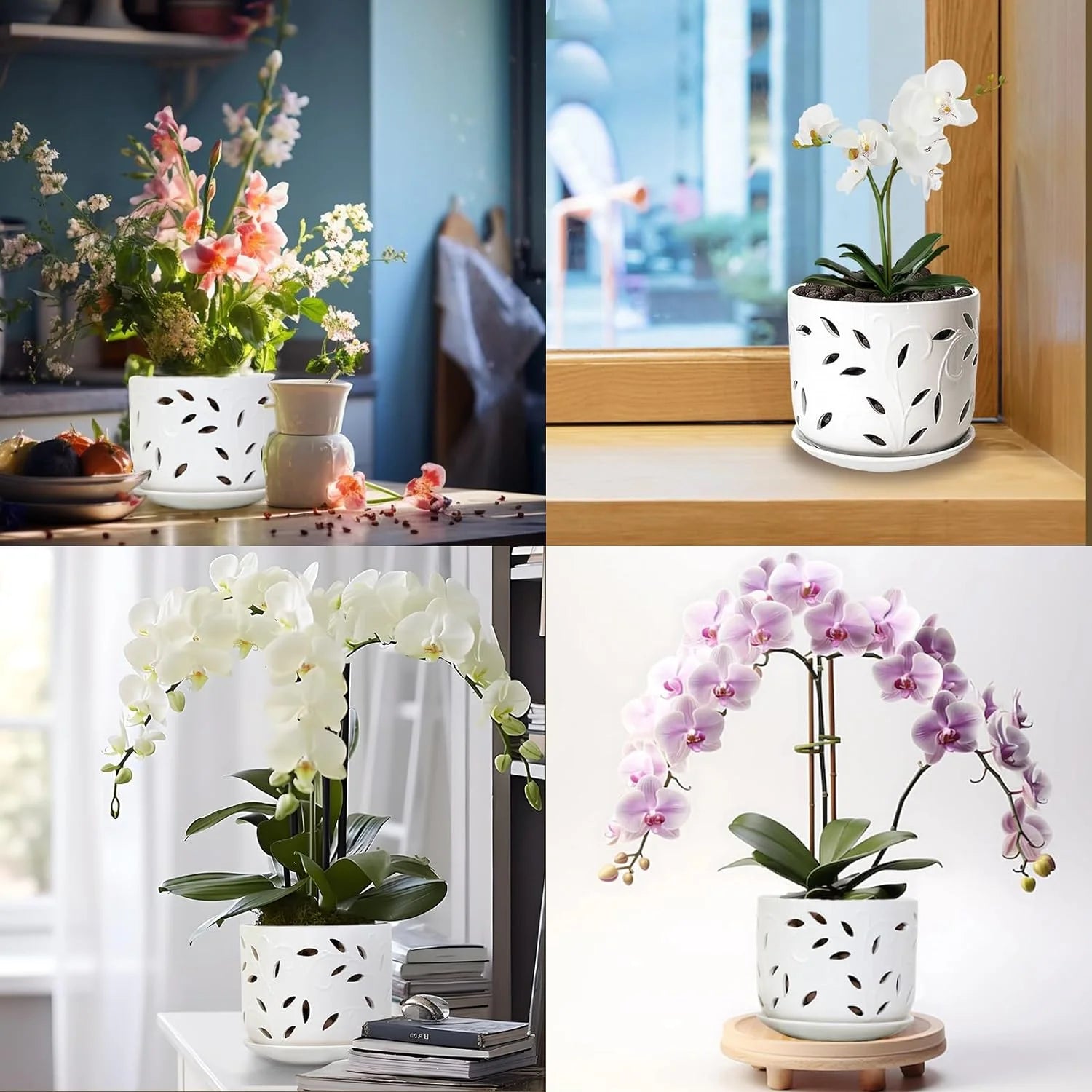 Set of 2 Ceramic Orchid Pots with Saucers, 5 inch & 6 inch D2701