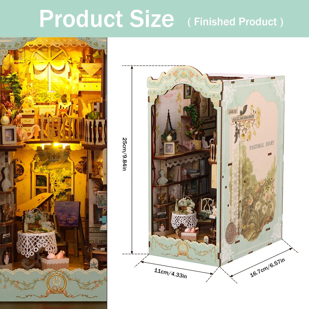 DIY Book Nook Kit, 3D Wooden Puzzle Bookshelf Insert Decor with LED Light B47802