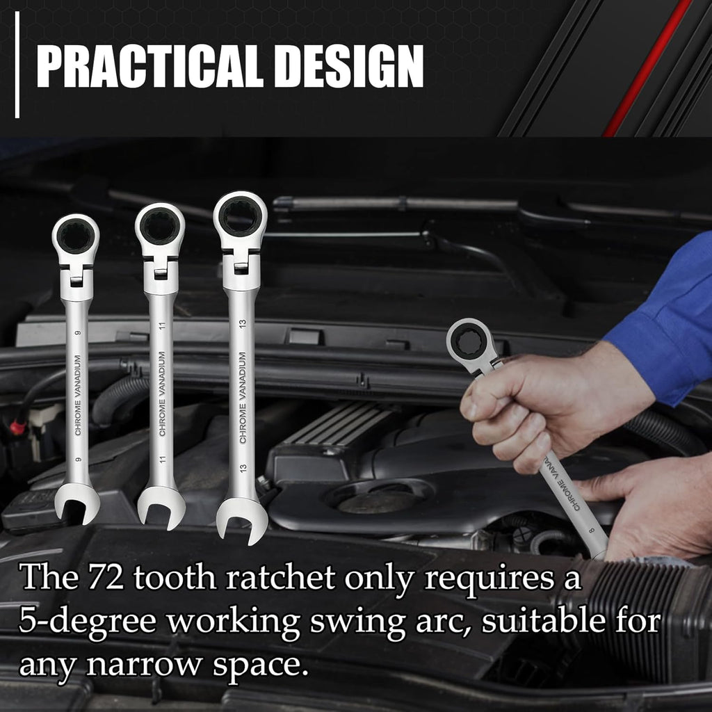 14-Piece 180° Flex-Head Ratcheting Wrench Set Metric 6-19mm 72 Teeth CR-V Steel C202029