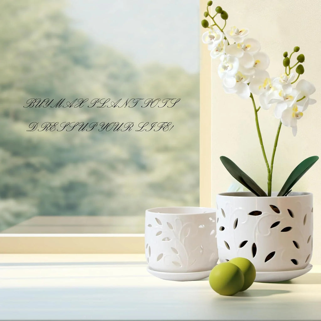 Set of 2 Ceramic Orchid Pots with Saucers, 5 inch & 6 inch D2701