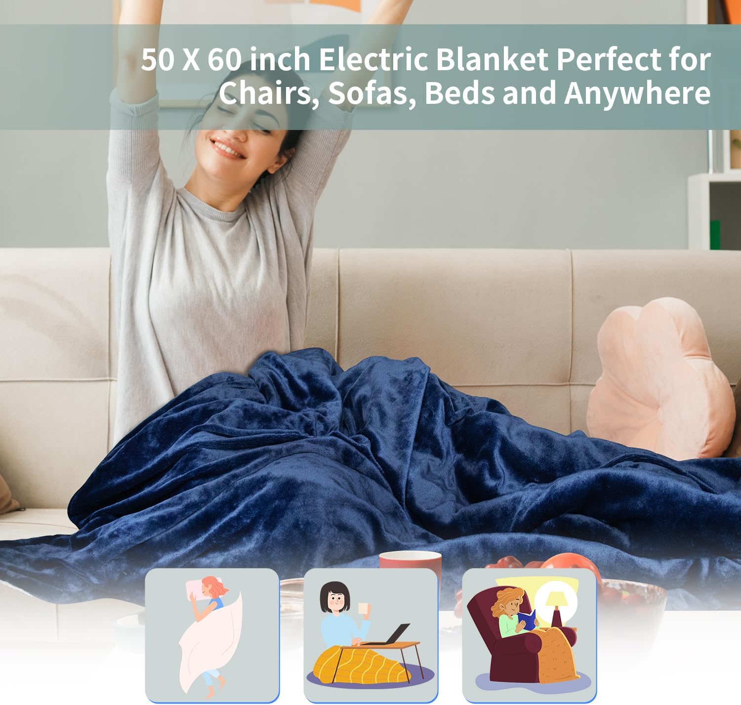 Blue 50" x 60" Flannel Electric Heated Blanket with Hand Controller M553