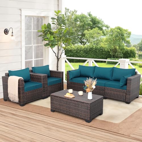 4-Piece Brown PE Wicker Patio Conversation Couch with Storage Coffee Table M8746