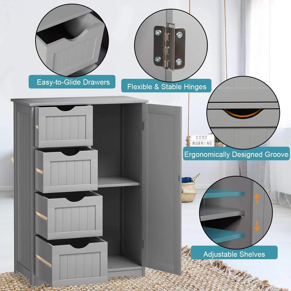 Gray Floor Cabinet with 4 Drawers & 1 Cupboard L81248