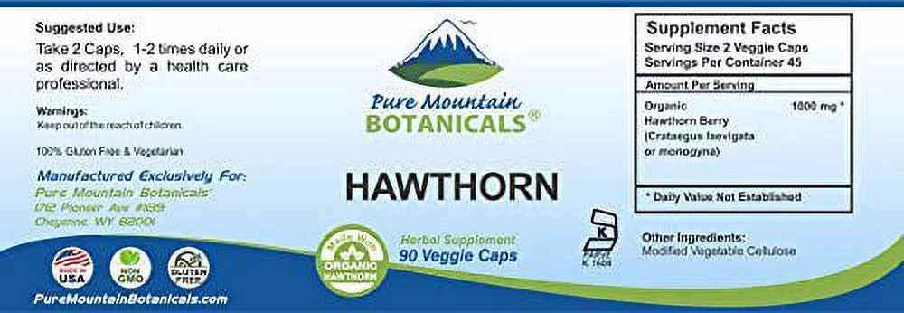 90 Kosher Vegan Capsules 1000mg Organic Hawthorn Berry A747