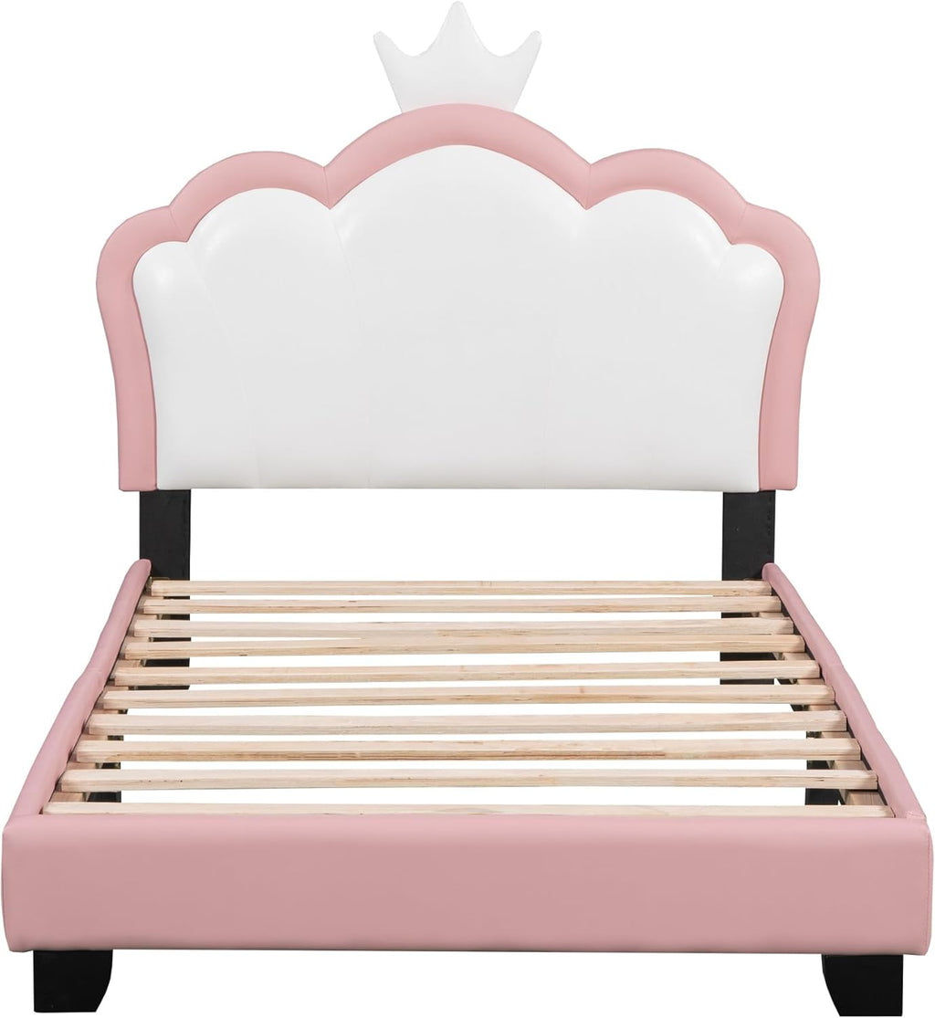 Pink Twin Size PU Upholstered Princess Bed Frame with Crown Headboard G84329