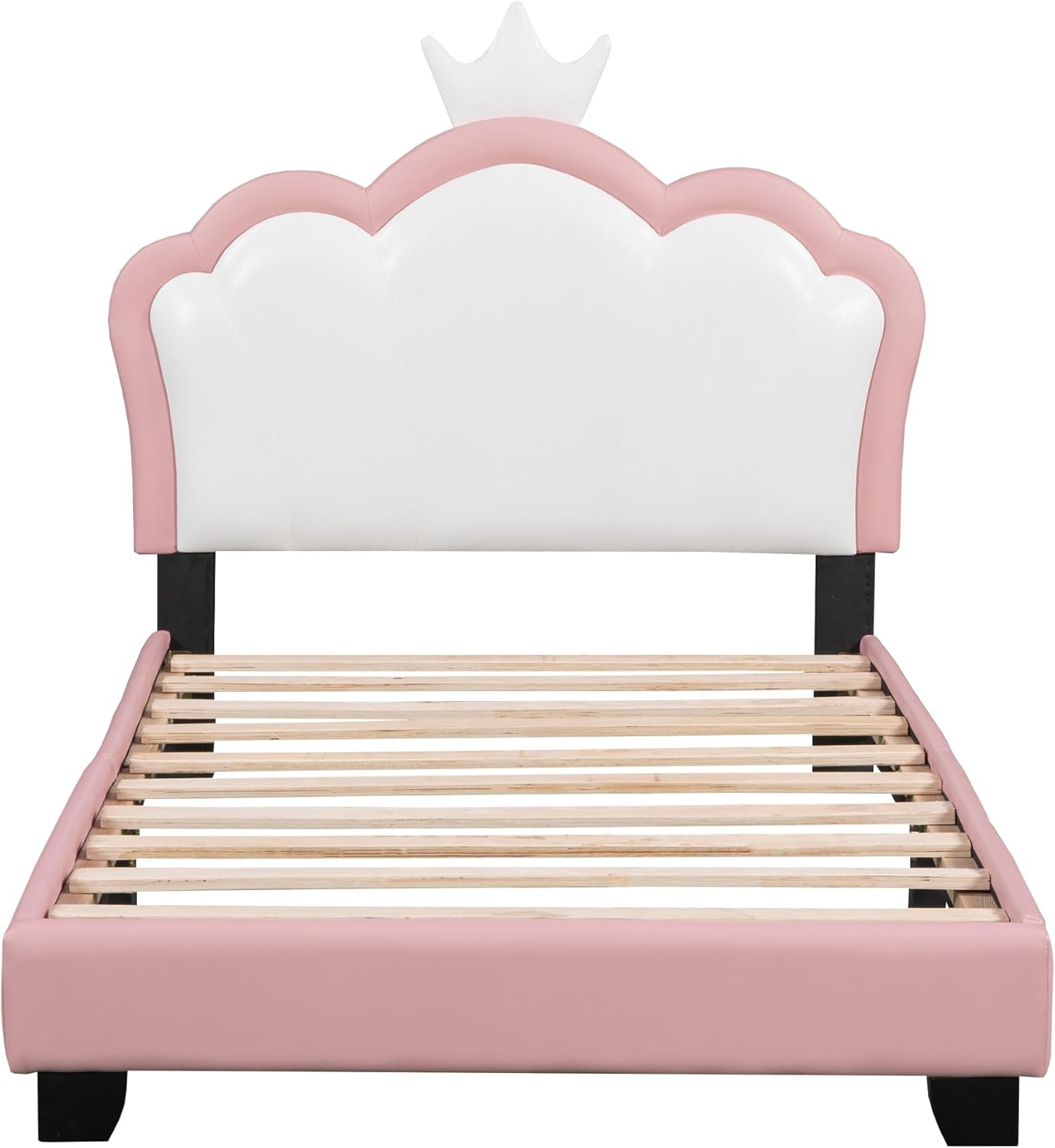 Pink Twin Size PU Upholstered Princess Bed Frame with Crown Headboard G84329