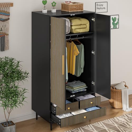 White 64.96" Wooden Armoire Wardrobe with 2 Doors, Hanging Rod, Shelf, 3 Drawers M69198