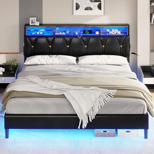 Creamy White Velvet Upholstered Full Size Bed Frame with Headboard Storage and LED Lights L3297