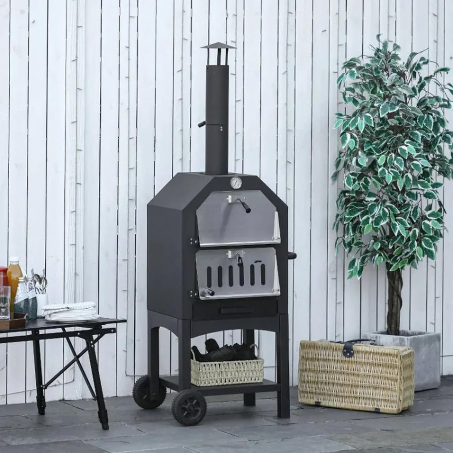 Black Portable Wood-Fired Pizza Oven with Pizza Stone K940904
