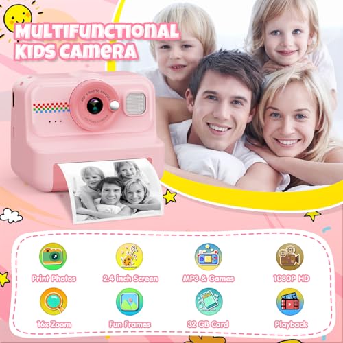 1080P HD Kids Instant Print Camera with 3 Rolls Print Paper & 32GB Card (Black) H258