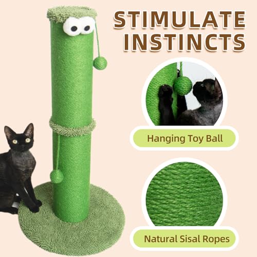 34-Inch Tall Cat Scratching Post with Sisal-Wrapped Post, Hanging Ball Toy, Vibrant Green J208