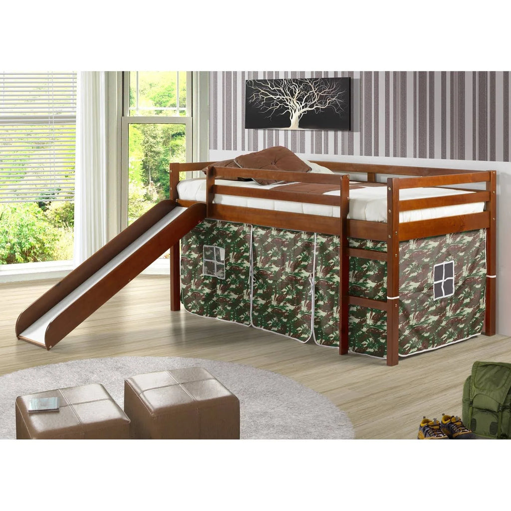 Light Espresso Kids Twin Loft Tent Bed with Slide A901