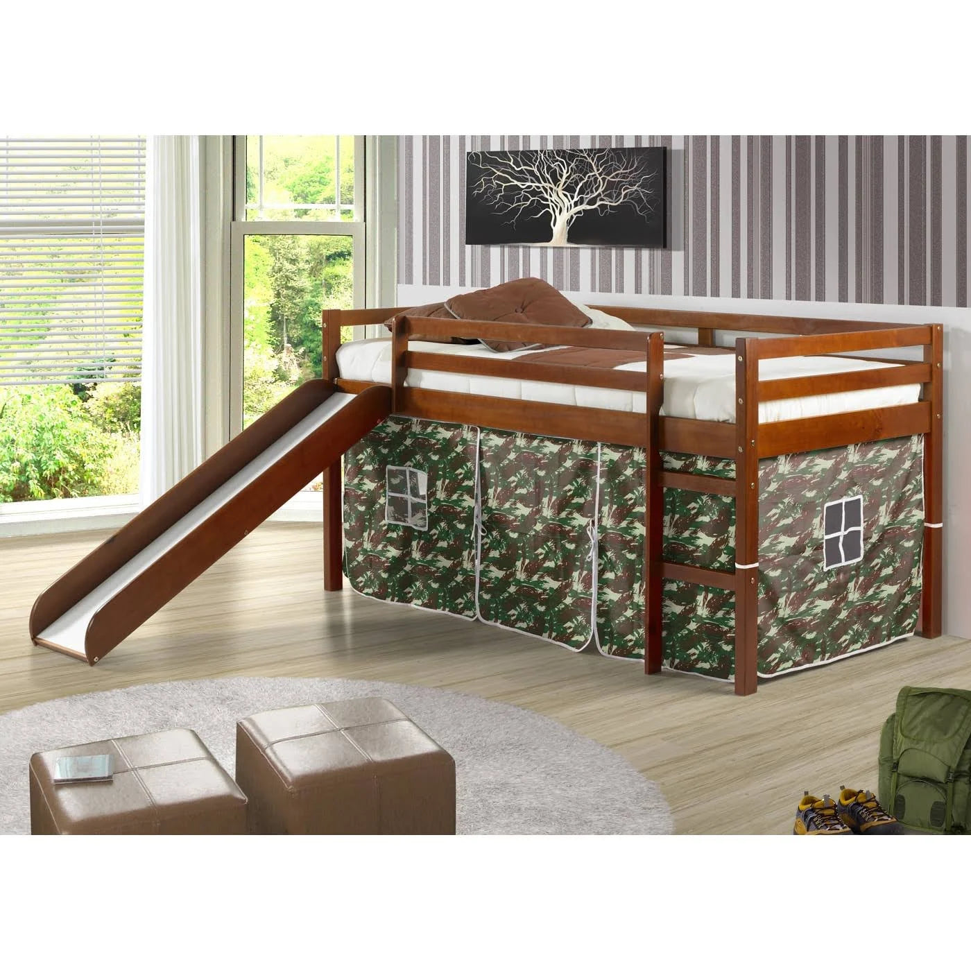 Light Espresso Kids Twin Loft Tent Bed with Slide A901