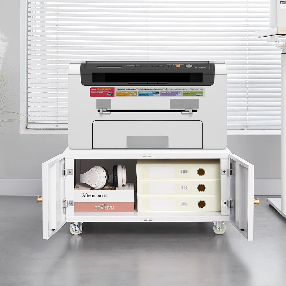 White Printer Stand with Storage Cabinet and Wheels G73557