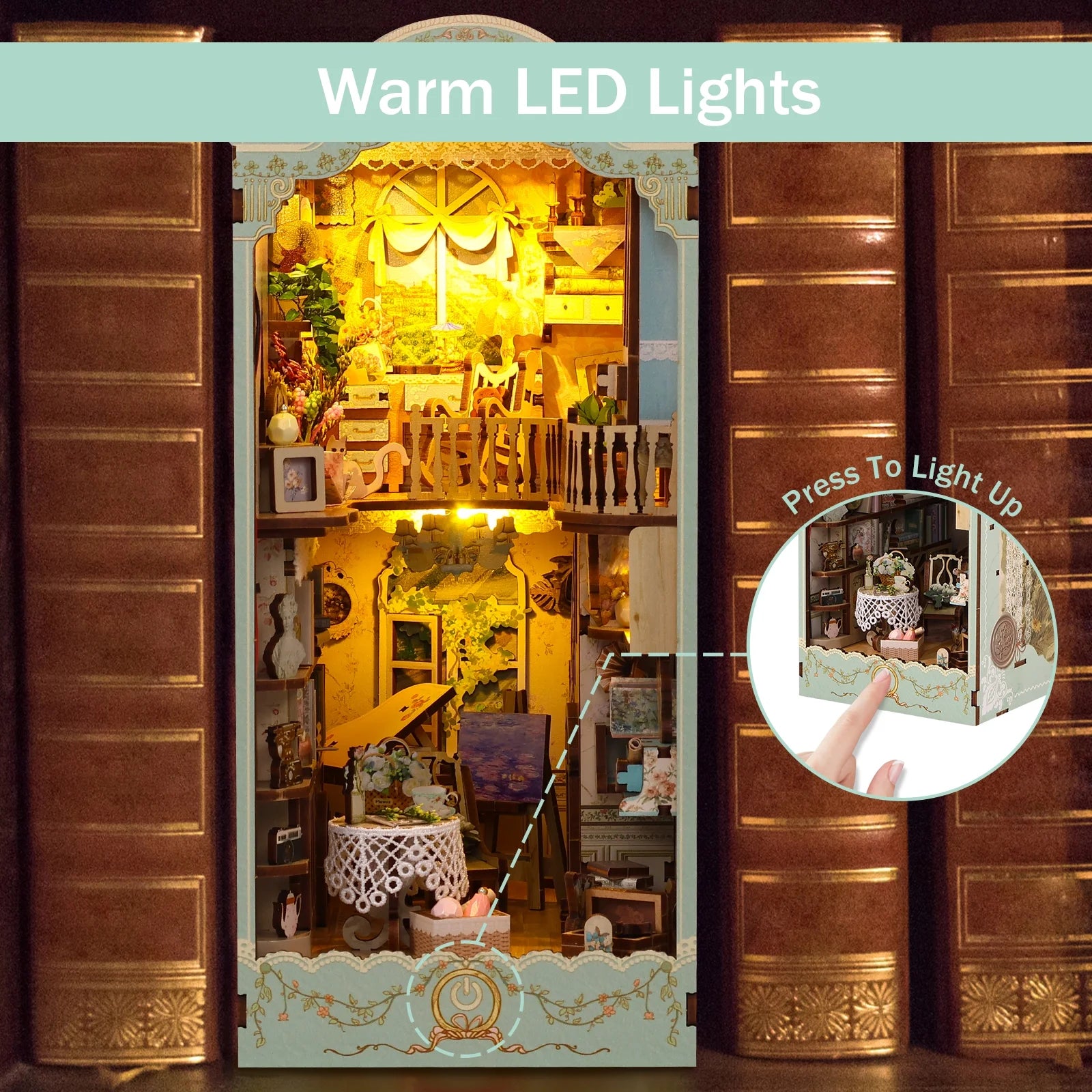 DIY Book Nook Kit, 3D Wooden Puzzle Bookshelf Insert Decor with LED Light B47802