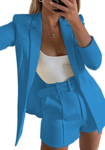 2 Piece Long Sleeve Open Front Blazer Short Suits with Belt G69552