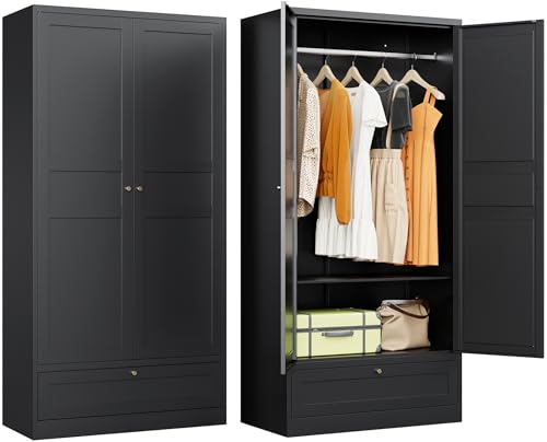White Metal Wardrobe Cabinet with Adjustable Shelves and Hanging Rod A913069