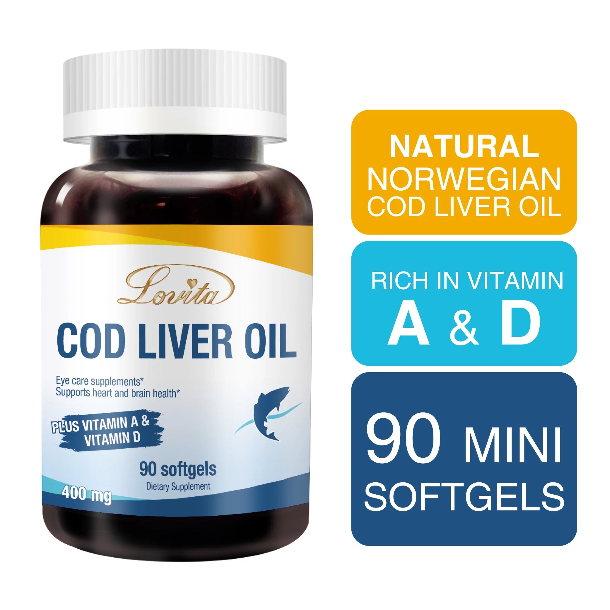 Cod Liver Oil 400 mg Omega 3 with Vitamin A & Vitamin D3 90 Softgels (Pack of 3) B862488