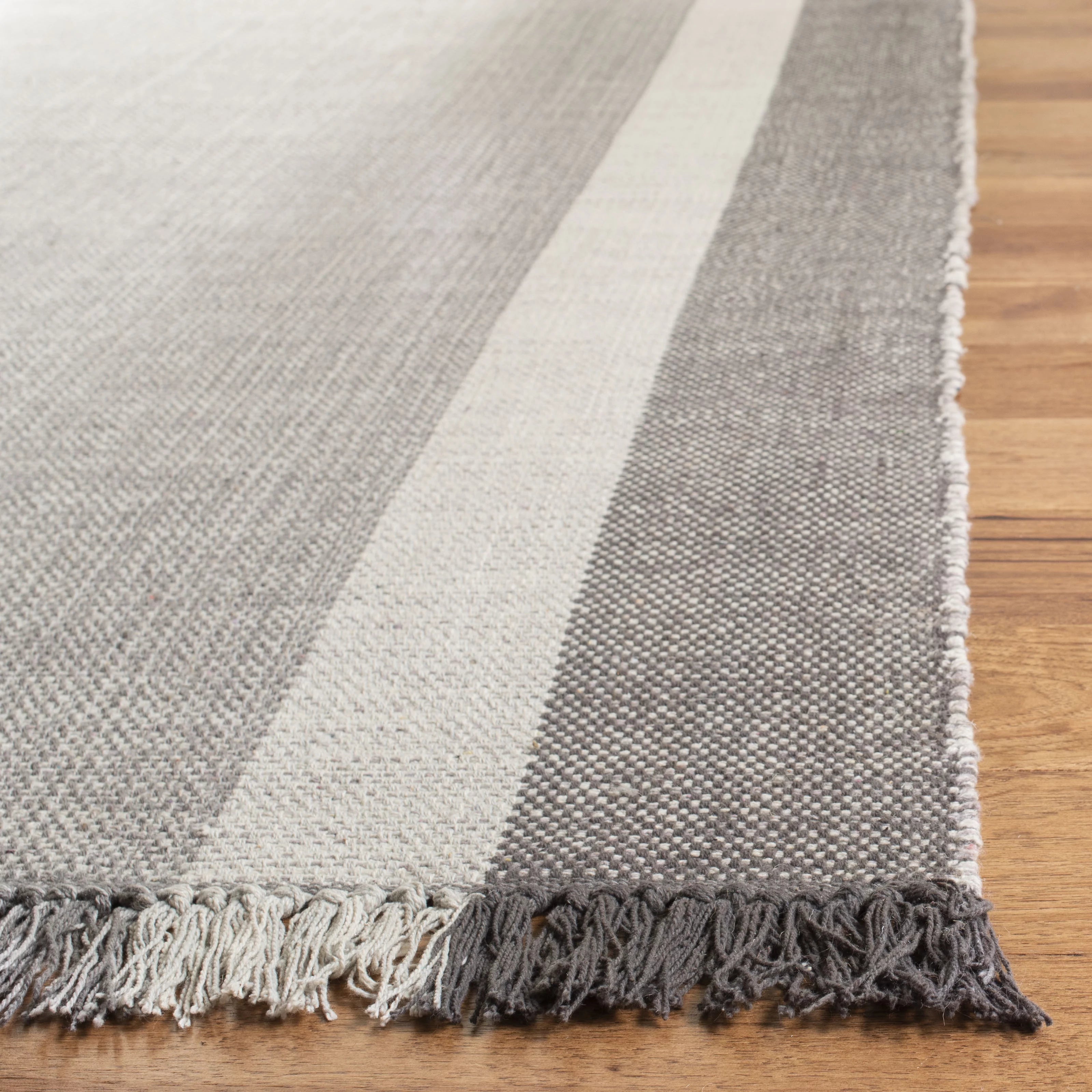Ivory/Grey Cotton Striped Area Rug, 3' x 5' F2552