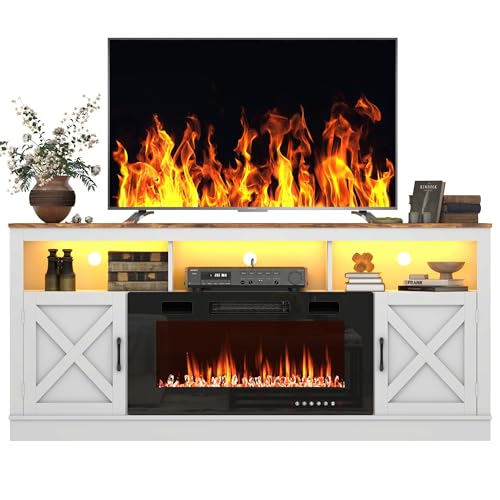 Grey 70 Inch TV Stand with Electric Fireplace and Barn Door Cabinet X624