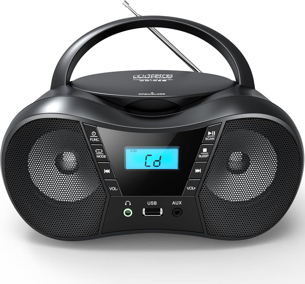 Portable CD Player Boombox with FM Radio, Bluetooth, LCD Display, USB/AUX Input, AC/Battery Powered O860