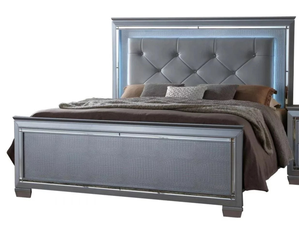 Queen Size LED Backlit Upholstered Bed Dresser Mirror Nightstand Chest Wooden Furniture Set R15312