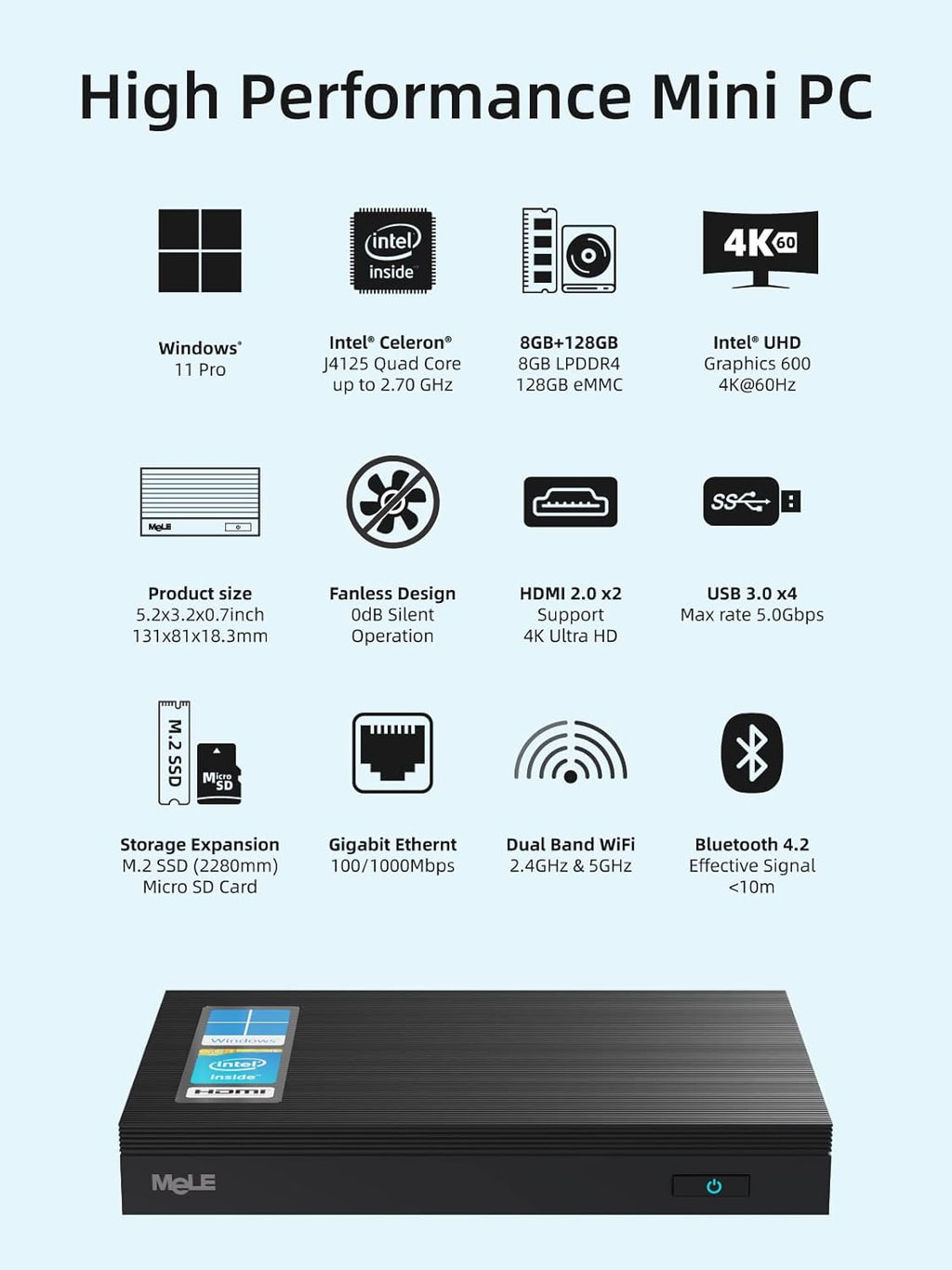 Fanless Mini PC J4125 8G 128GB E915