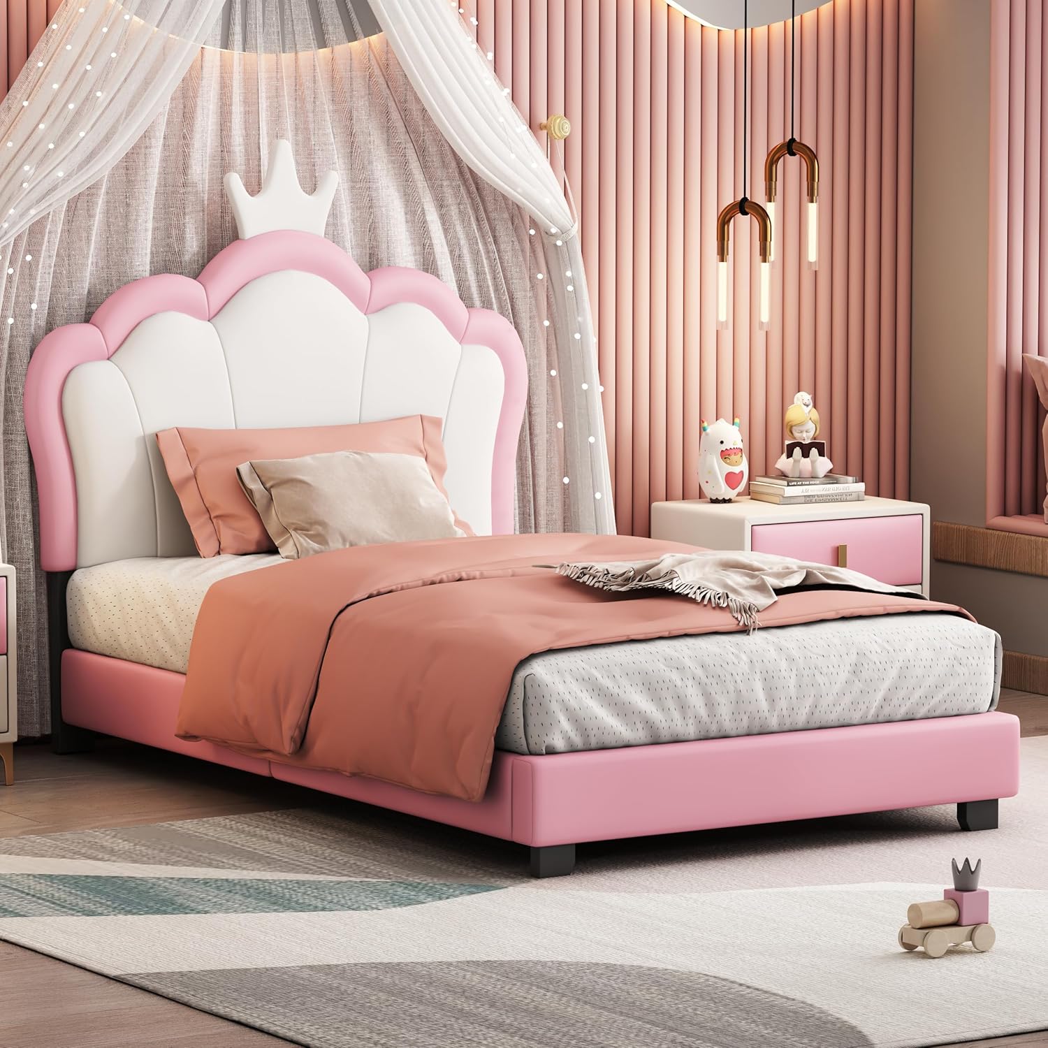 Pink Twin Size PU Upholstered Princess Bed Frame with Crown Headboard G84329