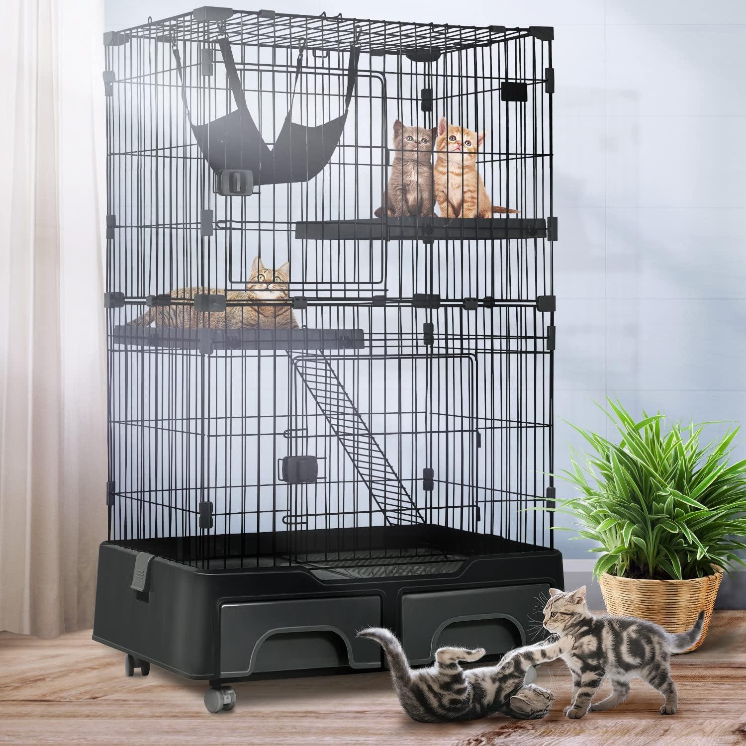 Large Metal Wire Cat Cage with Litter Box & 2 Front Door & Ramp Ladders & 2 Resting Platforms Tray I5908